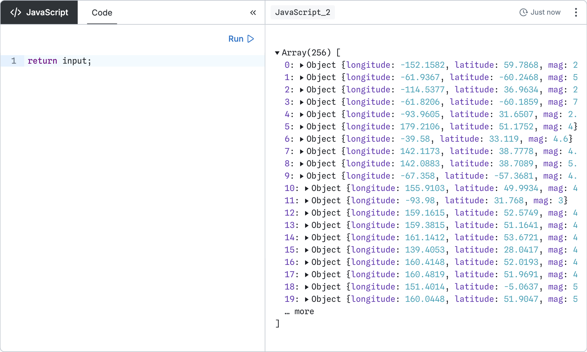 JavaScript node basic output, using the inspector