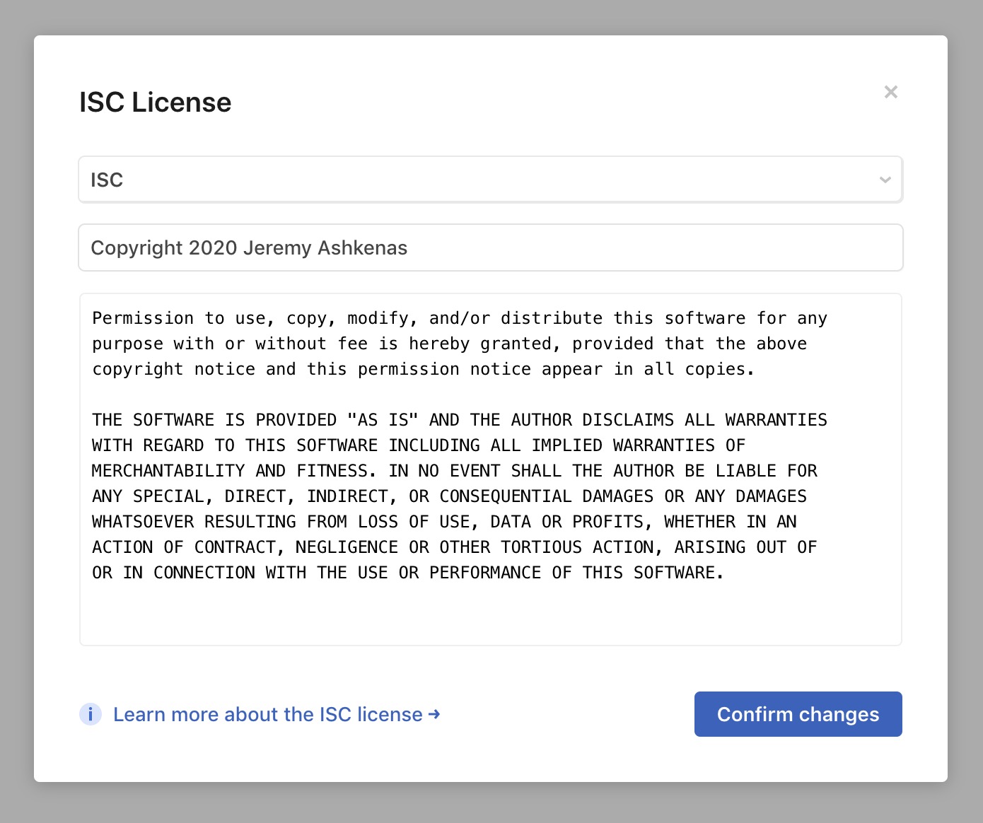 After clicking 'Set license' a new modal window opens, where a user can enter the license type and additional information as text.