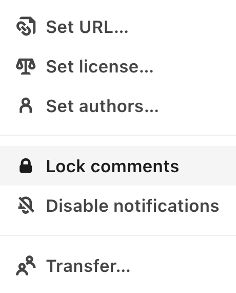 Screen shot showing modal window through a notebook's Settings where a user can choose to Lock comments.