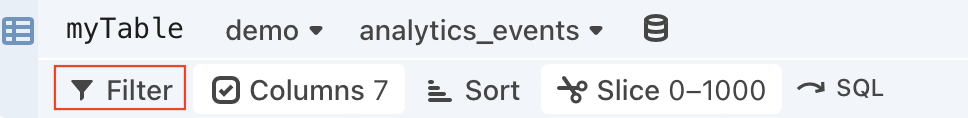 The data table cell Filter button in the data table cell editor highlighted within the outline of a red rectangle.