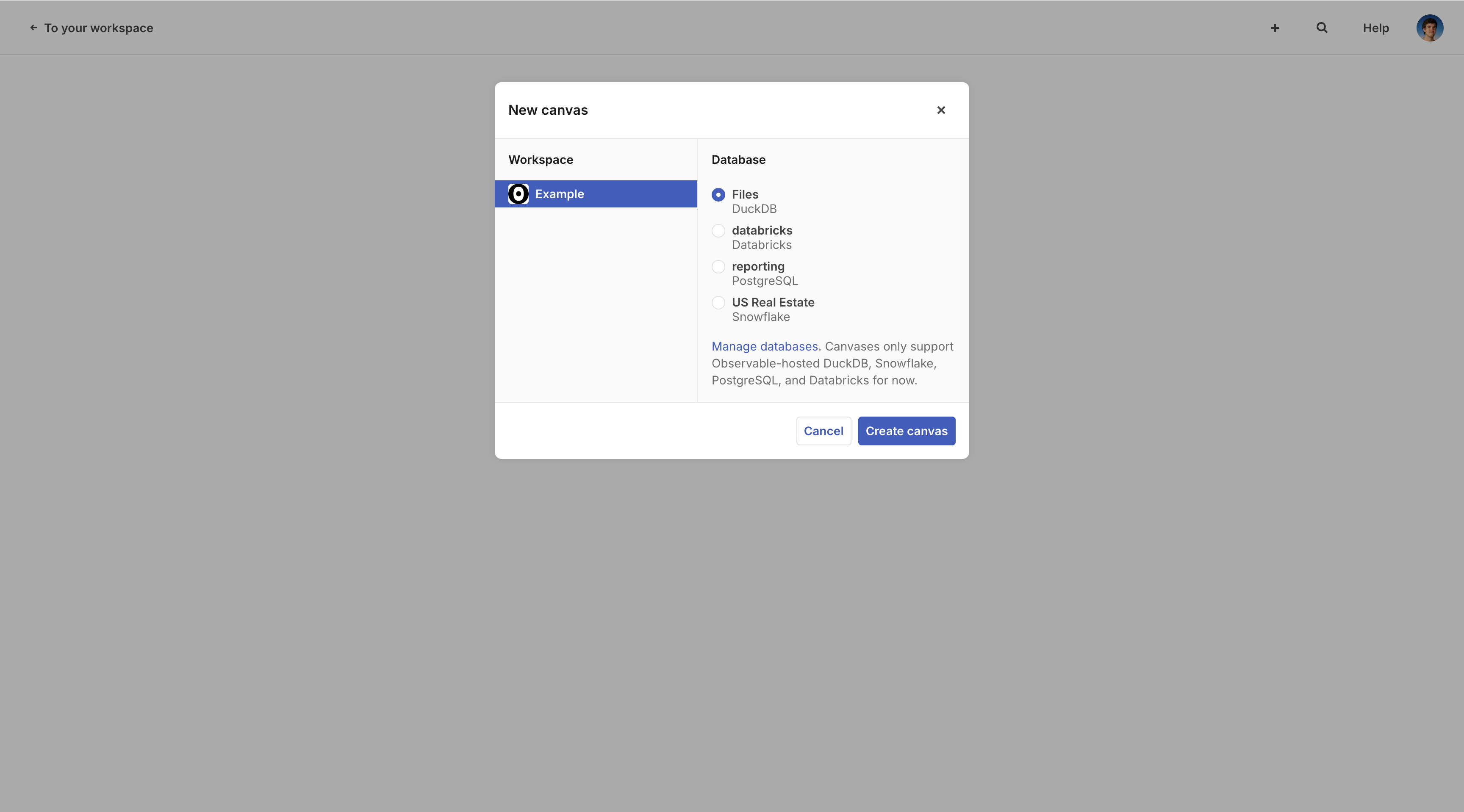 A New canvas modal prompts the user to select a data source from the chosen workspace.