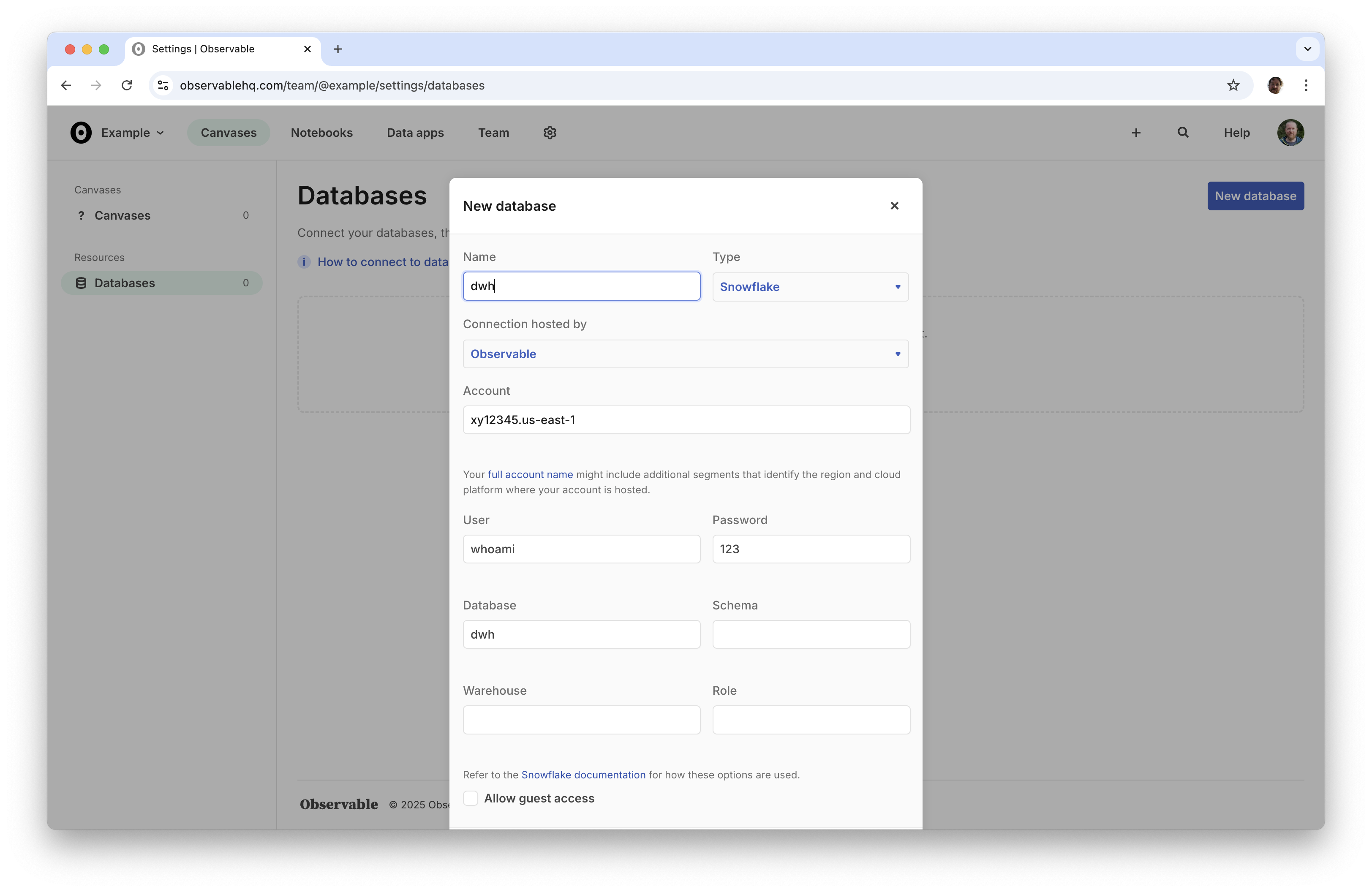 A New database modal prompts the user to enter a name, account, and various credentials to connect an Observable workspace to Snowflake.