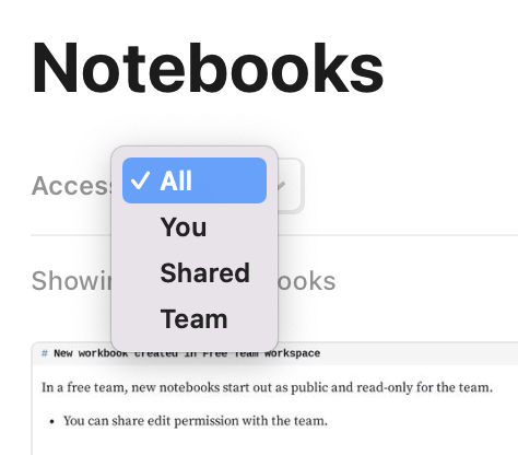 Screenshot of the team notebook list with the Access menu open, showing options for All, You, Shared, and Team.