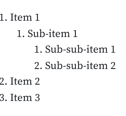 An open cell, in the code section below there is a formatted list of items notated by a series of numerals, (1+), with some items having nested sub-items indented one space under the items they are nested under, starting with the number 1 and proceeding in numerical order. There some examples there of sub-items having 'sub-sub'items created following the same pattern of indenting one space under the parent item under which they are nested and using a numeral, such as 1 if the first item, before the name of the item.