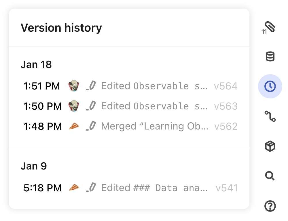 The History pane reveals the first version after a notebook was made public.