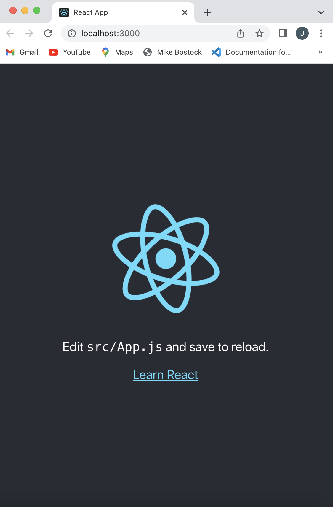 A screenshot of a browser window showing the initialized React app running