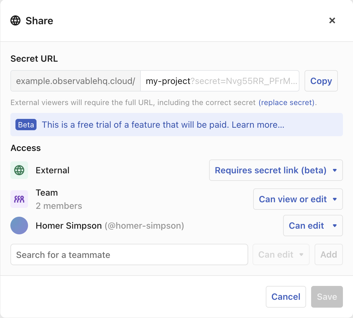 Another screenshot of the “Share” modal, except this time, under “External” access, the user has selected “Requires secret link (beta)”.