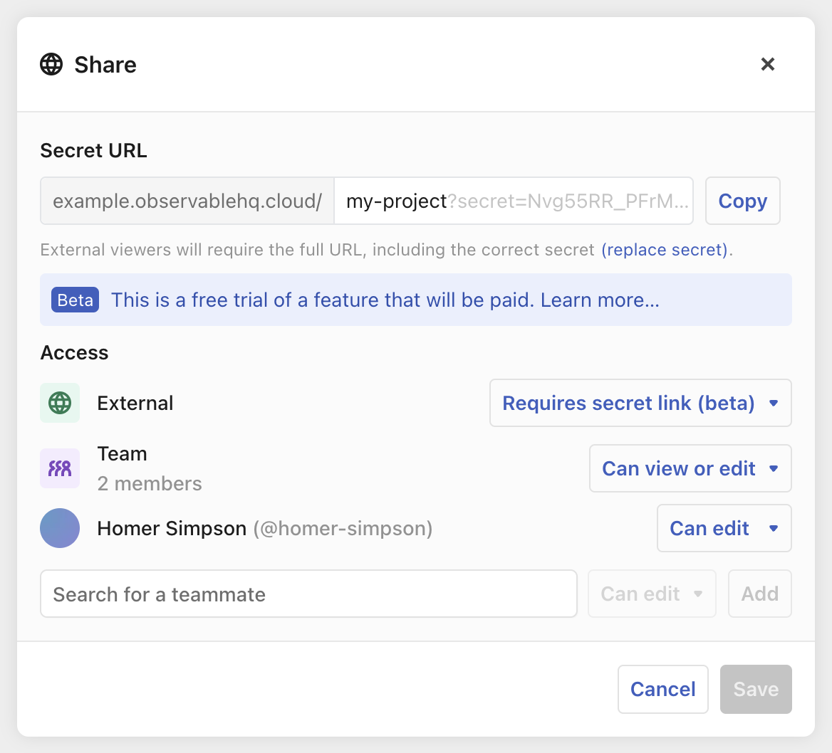Screenshot of the Share modal with a secret link enabled
