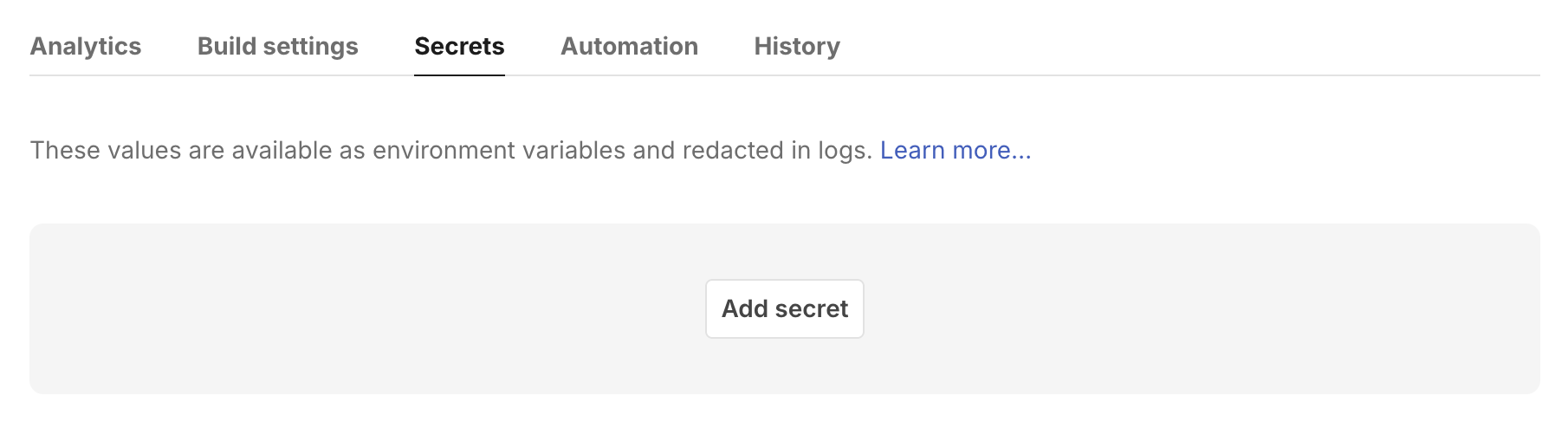 Screenshot of the Secrets tab with an “Add secret” button