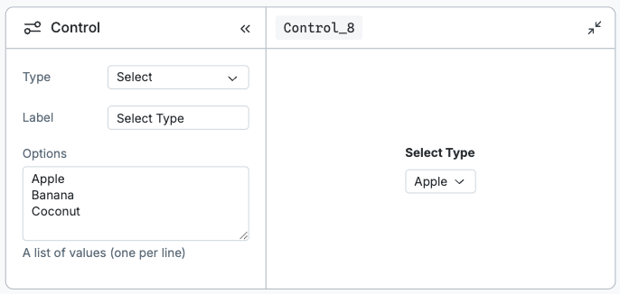 Screenshot of the select control node