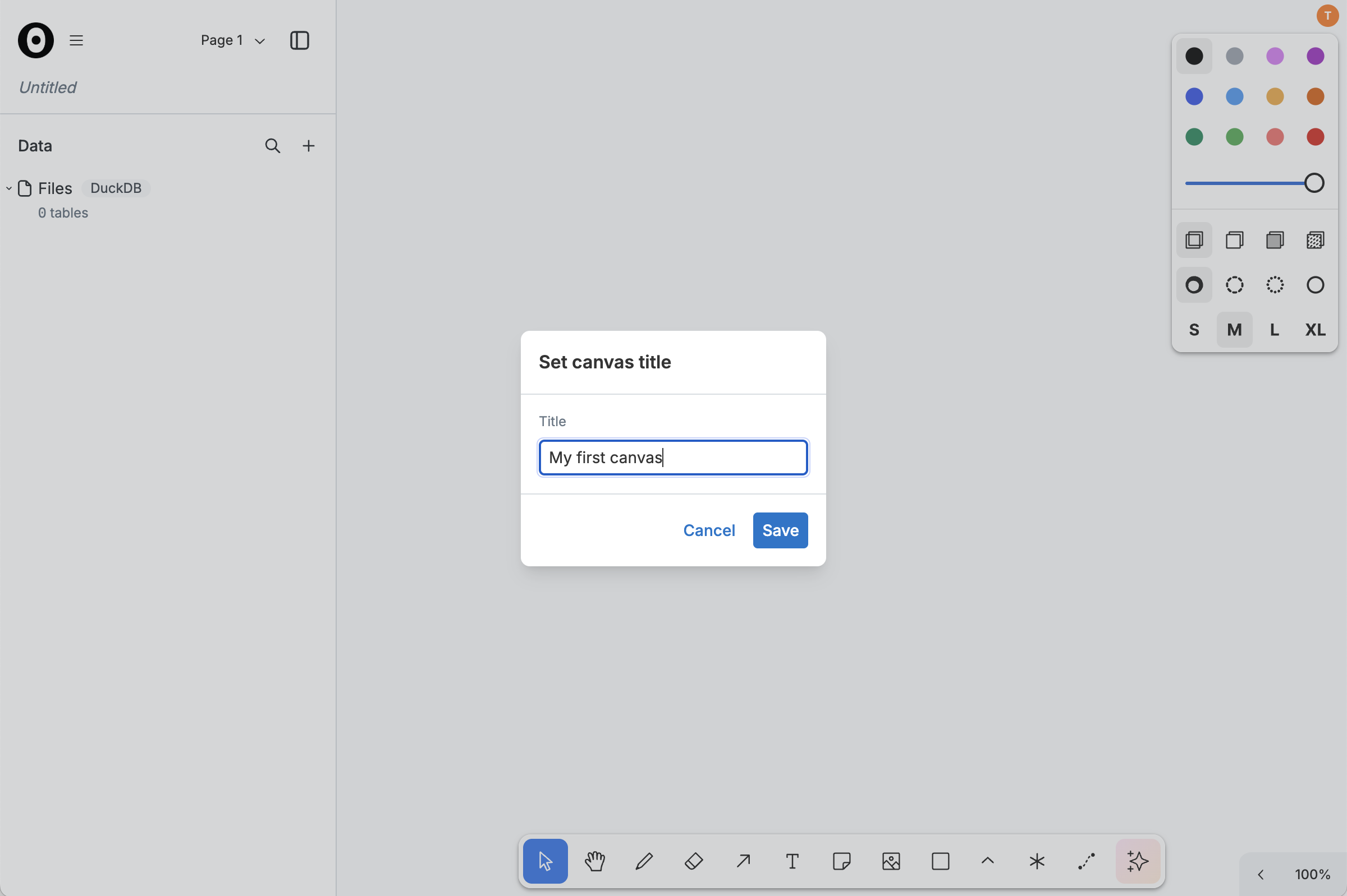 A ‘Set canvas title’ modal appears atop the blank canvas interface; the text ‘My first canvas’ has been entered into the title input; Cancel and Save buttons appear at the bottom of the modal.