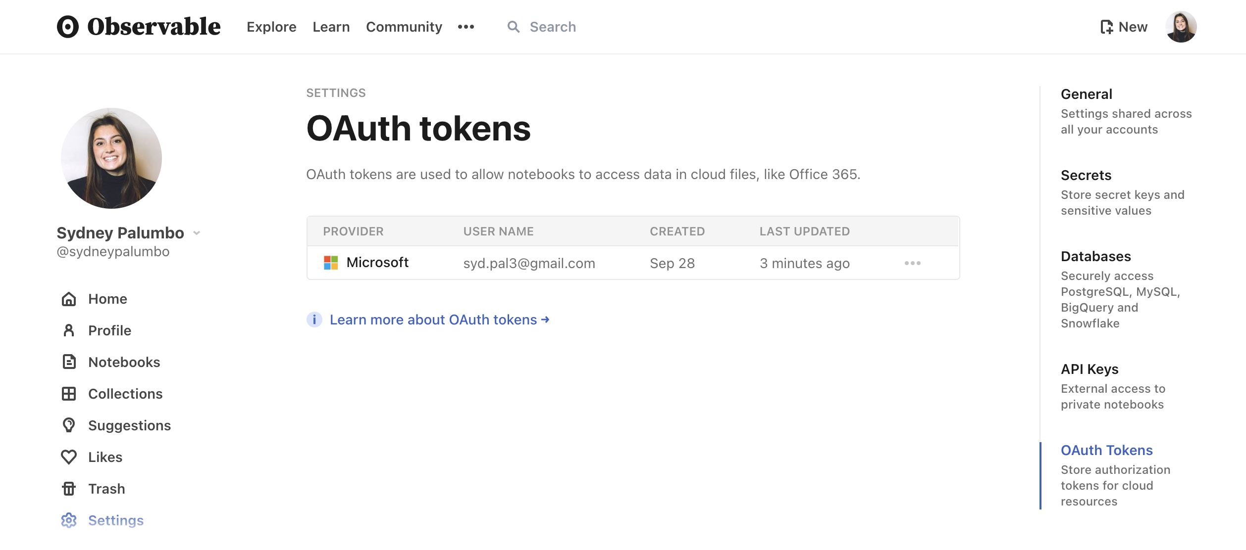 Settings page of an Observable user account, showing stored tokens in the OAuth section.