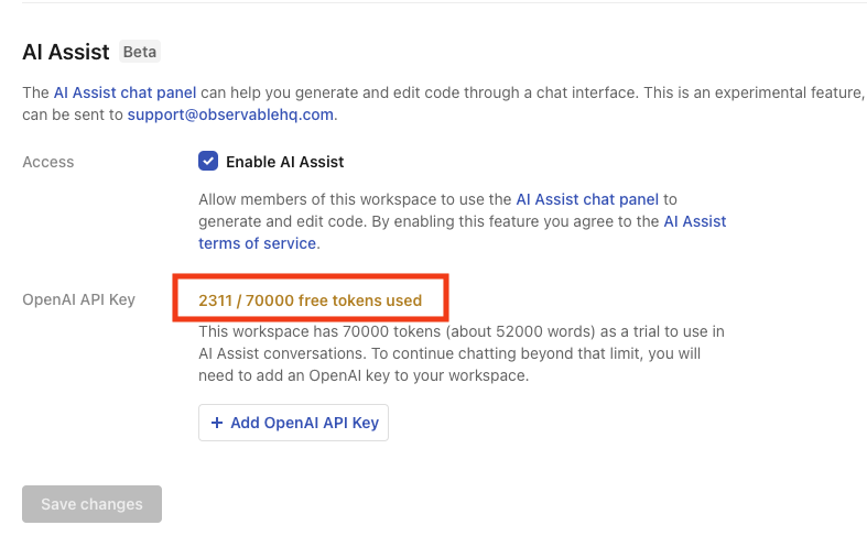 A screenshot of the AI Assist section of the Settings pages with the proportion of free tokens used shown.