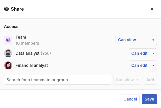 A dialog box labeled “Share” with an “Access” section, which lists “Team” and two users with dropdowns for their access levels. Below that, there is a field in which you can enter the name of a teammate or group you wish to share with. In the bottom right, “Cancel” and “Save” buttons.