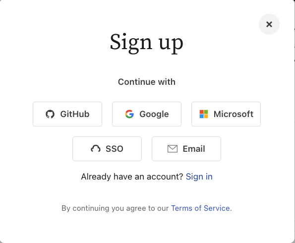 Screenshot of the sign up form with options to log in using Github, Google, Microsoft, SSO, or Email