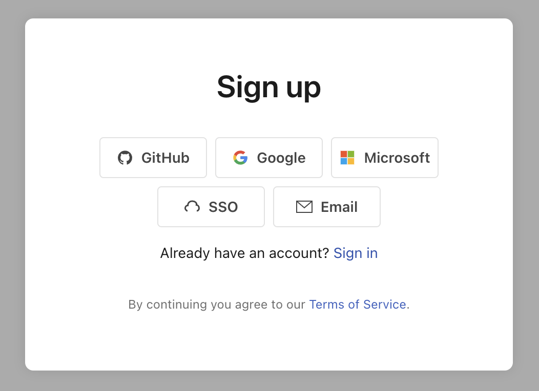 Screenshot of the sign up form with options to log in using Github, Google, Microsoft, SSO, or Email