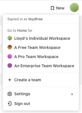 Screenshot of the workspaces drop-down in the top right of a notebook