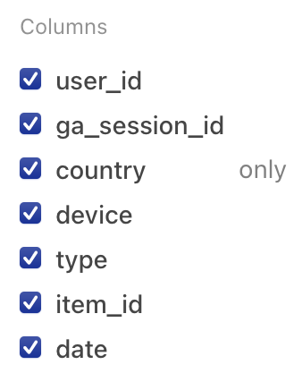 The Columns button activated reveals multiple checkboxes. The third one down, 'country', is selected by select the only button as the only column to show.