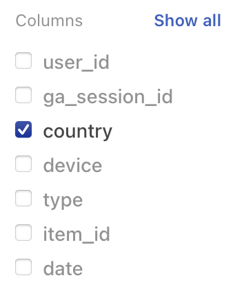 The Column button in the data table cell editor activated reveals multiple checkboxes with only the third, 'country' selected. The Show all button in the upper right-hand corner of the area is highlighted.