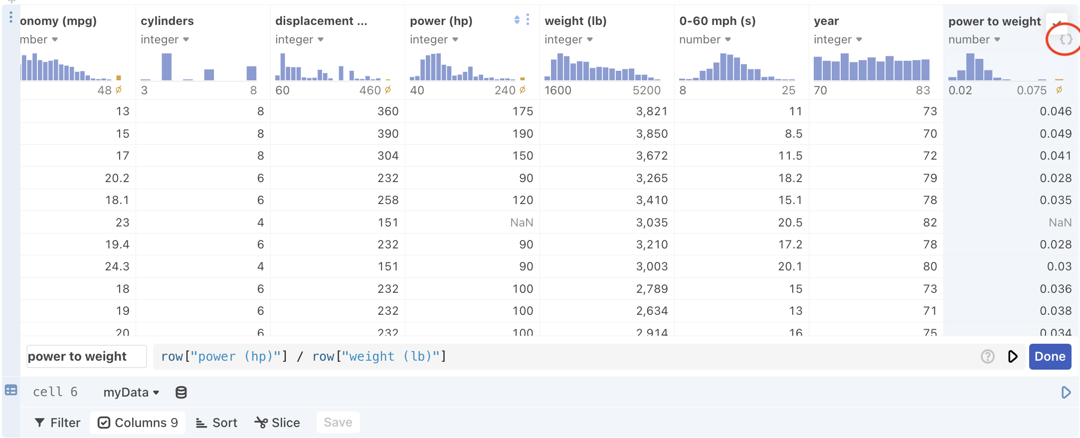 The data table cell with the data table cell editor focused on the newly created column power to weight, with the {} button at the top of the power to weight column activated as it activates the data table cell editor to be focused on the power to weight column.