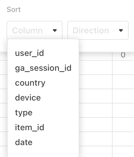 A zoomed in screenshot of the data table cell editor with the Sort button activated reveals the Column and Direction dropdowns. The Columns dropdown is open showing the available columns to select.
