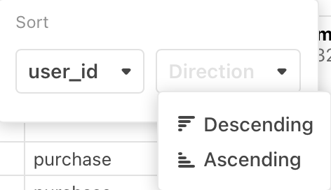 A zoomed in screenshot of the data table cell editor with the Sort button activated reveals the Column and Direction dropdowns. The selection user_id shows in the Columns dropdown and the options Descending and Ascending are shown in the Direction dropdown.