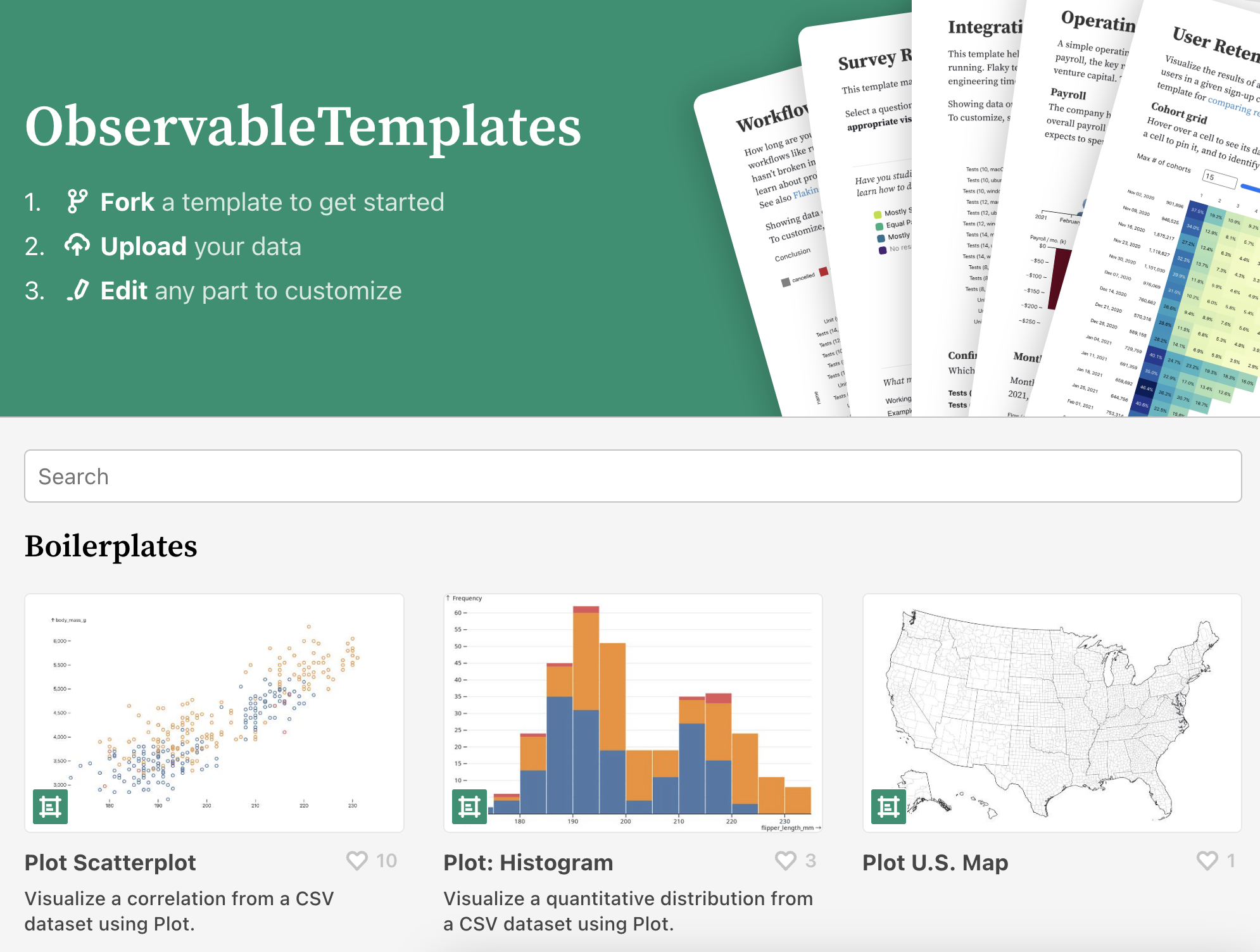 Screenshot of the Templates page in Observable, showing several different template options to create a scatterplot, histogram, and more, with a banner at the top instructing users to Fork a template to get started, Upload your data, then Edit any part to customize.