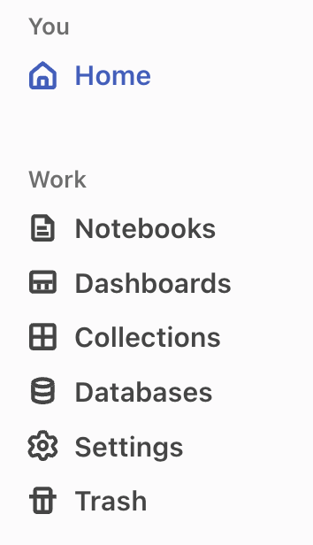 Left sidebar menu of an Observable home page with a bottom option for Trash, next to a trash can icon.