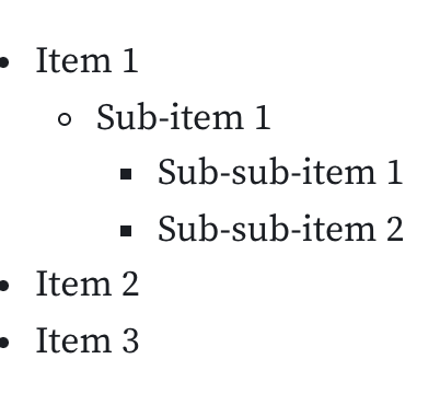 An open cell, in the code section below there is a formatted list of items notated by a dash, (-), with some items having nested sub-items indented one space under the items they are nested under. There some examples there of sub-items having 'sub-sub'items created following the same pattern of indenting one space under the parent item under which they are nested and using a dash before the name of the item.