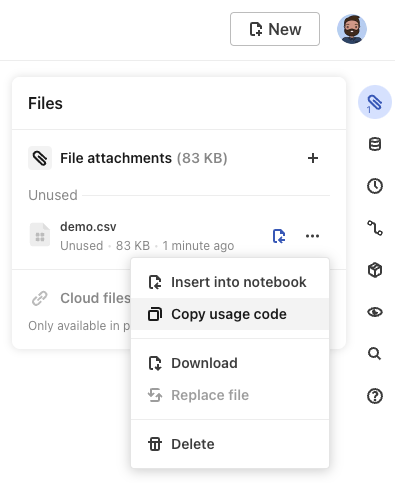 Screen shot of open Files pane and File attachments menu item, accessed via the paperclip icon in the top right of an Observable notebook and opening the menu next to the file attachment with the copy usage code option.